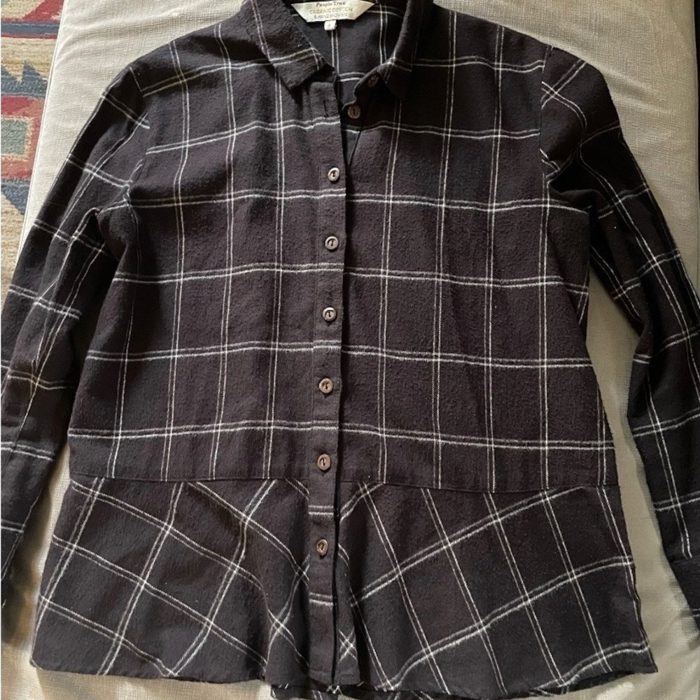 People Tree Women’s 8 Black Plaid Organic Cotton Button Up Shirt Ruffle Hem